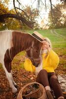 magnifique portrait, femme et poney, Pointé cheval, dans l'automne forêt, agréable couleurs, Contexte. concept de aimer, tendresse, amitié. drôle. photo