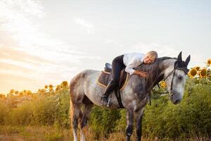 femme aime une cheval. l'amour et relation amicale pour le animal, se soucier photo