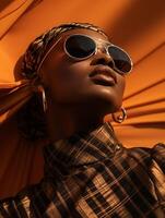 ai généré Jeune africain femme dans écharpe sur marron Contexte photo