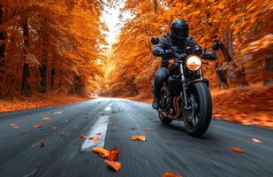 ai généré une homme équitation une moto vers le bas le route dans l'automne photo