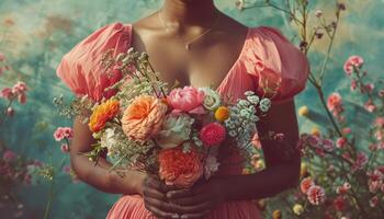 ai généré une Dame portant une rose robe détient une bouquet photo