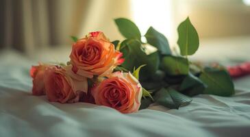 ai généré une bouquet de rouge des roses sur quelques uns lit photo