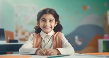 ai généré une peu fille séance à une bureau et souriant photo