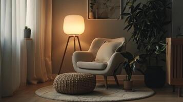 ai généré fauteuil avec oreiller, embrasé lampe, plante dans pot photo