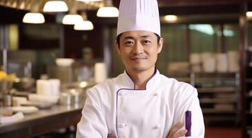 ai généré asiatique chef posant dans le restaurant chef photo