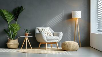 ai généré fauteuil avec oreiller, embrasé lampe, plante dans pot photo