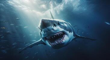 ai généré une blanc requin cette est nager dans une magnifique sous-marin environnement photo