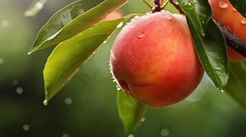 ai généré une mûr pêche pendaison sur une branche avec eau de pluie photo