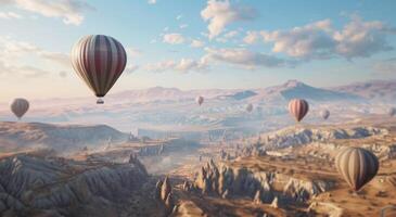 ai généré chaud air des ballons en volant au dessus haute collines, plateau, lever du soleil ballon photo