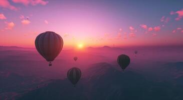 ai généré chaud air des ballons en volant au dessus haute collines, plateau, lever du soleil ballon photo