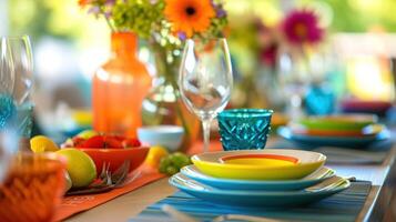 ai généré couleur coordonnée vaisselle et centres de table ensemble le ambiance pour fête avec copie espace photo
