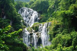 ai généré majestueux cascades entouré par luxuriant feuillage, une rafraîchissant scène pour une chaud été journée photo