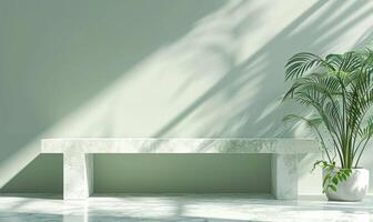 ai généré une grand marbre banc suivant à un aéré pâle vert salle de bains photo