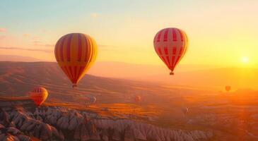 ai généré chaud air des ballons en volant au dessus haute collines, plateau, lever du soleil ballon photo