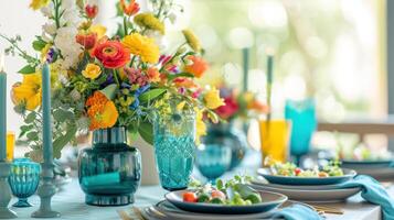 ai généré couleur coordonnée vaisselle et centres de table ensemble le ambiance pour fête avec copie espace photo