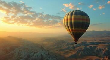 ai généré chaud air des ballons en volant au dessus haute collines, plateau, lever du soleil ballon photo