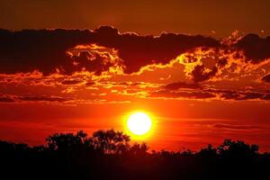 ai généré le ciel en feu avec chaud teintes comme le Soleil ensembles, moulage une magique été lueur photo