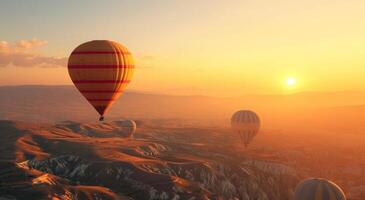 ai généré chaud air des ballons en volant au dessus haute collines, plateau, lever du soleil ballon photo