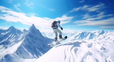 ai généré homme dans bleu snowboarder sauter plus de une neigeux Montagne cavalier photo