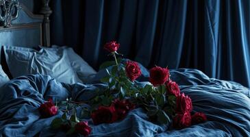 ai généré romantique chambre avec Frais des roses par une lit photo