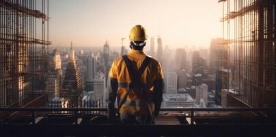 ai généré une construction ouvrier est permanent dans une ville photo