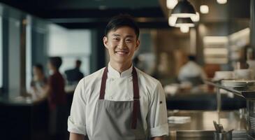 ai généré Jeune asiatique chef permanent dans une restaurant photo