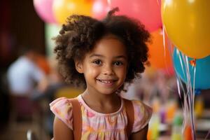 ai généré une peu fille est souriant à une anniversaire fête photo