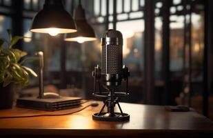 ai généré une microphone est assis sur une bureau dans une Accueil Bureau photo