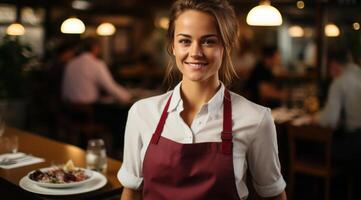 ai généré une serveuse permanent dans une restaurant avec une assiette de nourriture photo