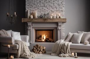 ai généré magnifique cheminée avec une confortable canapé et lumière bougies sur une table photo