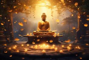ai généré Bouddha séance dans une d'or Cadre photo