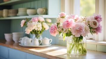 ai généré une ferme cuisine décoré avec rustique éléments, pastel vaisselle, photo