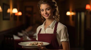 ai généré une assiette de nourriture est tenue par une femme serveur photo