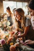 ai généré une pratique Accueil décor scène où personnes sont engagé dans création leur posséder floral couronnes de fleurs photo