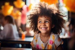 ai généré peu fille souriant à une restaurant pour sa anniversaire fête photo