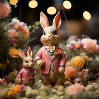 ai généré charmant Pâques lapin figurines niché parmi épanouissement printemps fleurs photo