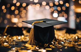 ai généré or confettis à le fin de l'obtention du diplôme casquette photo