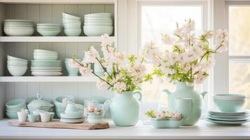 ai généré une ferme cuisine décoré avec rustique éléments, pastel vaisselle, photo