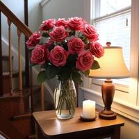 ai généré rouge Rose bouquet, sincère devis, et doux ambiant lumière. photo