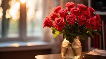 ai généré rouge Rose bouquet, sincère devis, et doux ambiant lumière. photo