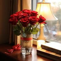 ai généré rouge Rose bouquet, sincère devis, et doux ambiant lumière. photo
