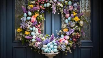 ai généré Pâques couronne avec coloré des œufs et printemps fleurs photo