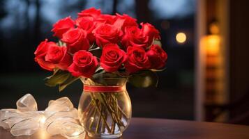 ai généré rouge Rose bouquet, sincère devis, et doux ambiant lumière. photo