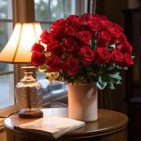 ai généré rouge Rose bouquet, sincère devis, et doux ambiant lumière. photo