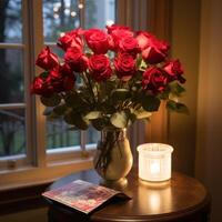 ai généré rouge Rose bouquet, sincère devis, et doux ambiant lumière. photo