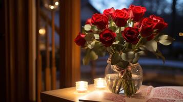 ai généré rouge Rose bouquet, sincère devis, et doux ambiant lumière. photo