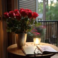 ai généré rouge Rose bouquet, sincère devis, et doux ambiant lumière. photo