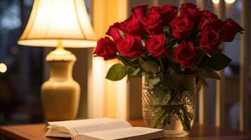 ai généré rouge Rose bouquet, sincère devis, et doux ambiant lumière. photo