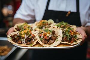 ai généré proche en haut la personne en portant assiette avec taco génératif ai photo