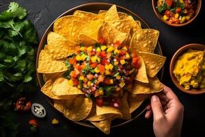 ai généré Haut vue Frais mexicain nourriture avec Nachos copie espace génératif ai photo